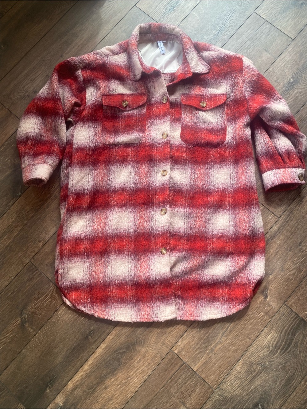 Grace + Karma Plaid Shacket Women 2X Red Cream Long Oversized Coat Jacket Plus